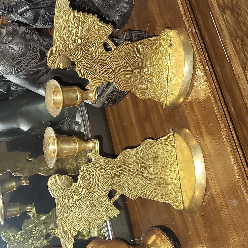 Two Solid Brass Angel Taper Candle Holders Vintage MCM